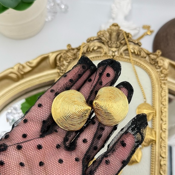 Gold Textured Seashell Statement Earrings – PVD Plated Stainless Steel - Picture 8 of 12